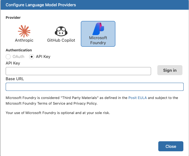 Configure Language Model Providers modal with Microsoft Foundry selected, showing API Key and Base URL fields.
