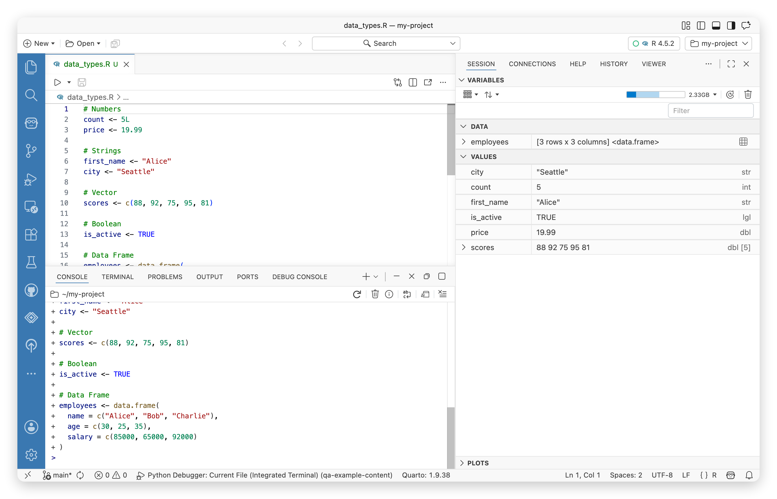 Variables pane showing a list of variables including data frames, values like numbers and strings with R 4.5.2 interpreter active.